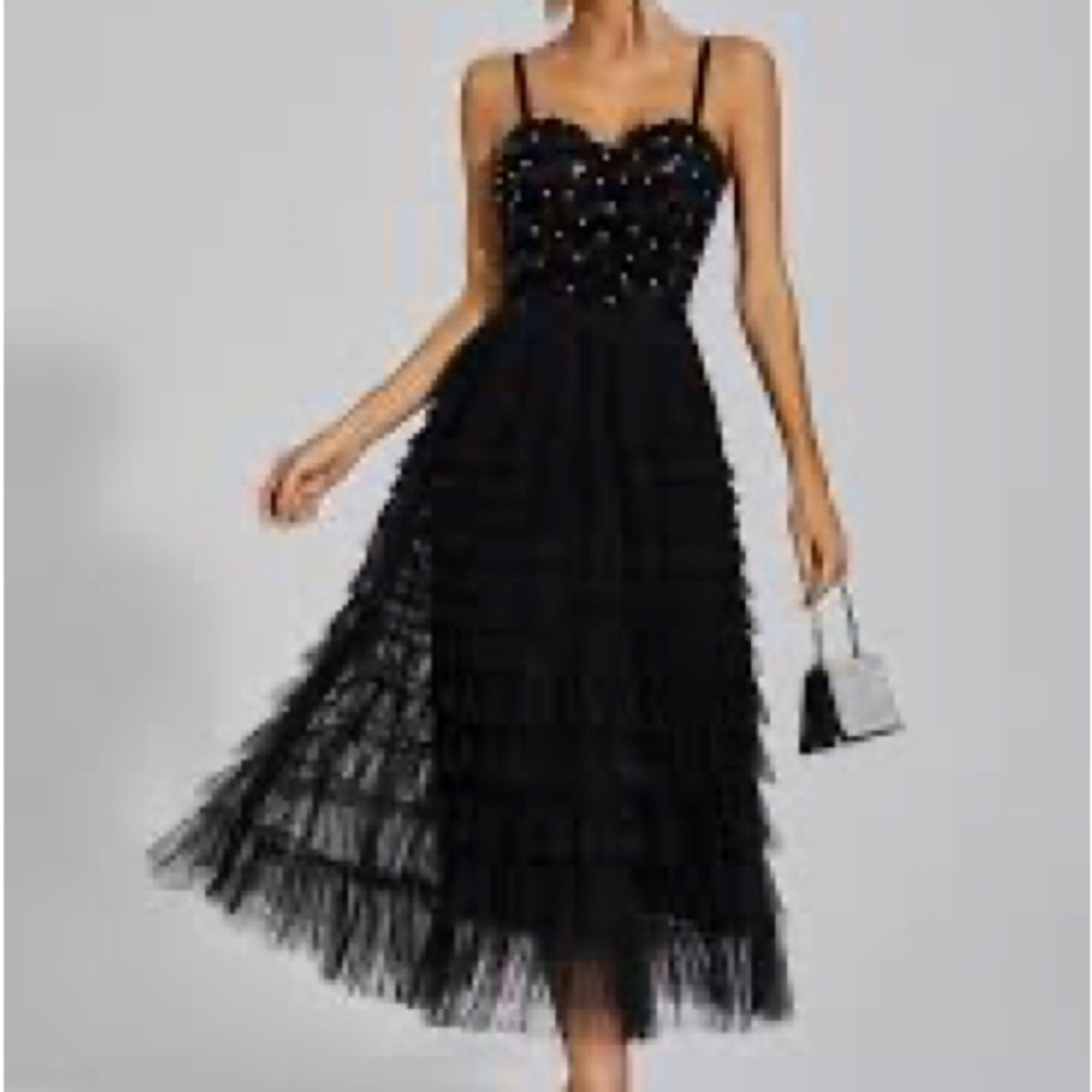 Chic Black Midi Dress with Embellished Bodice